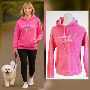 Genuine Pigment Dyed “You Had Me At Woof" Hoodie with Paw Prints Pink EUC
